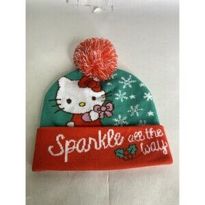 Hello Kitty Sparkle All the Way Christmas Pom Beanie Hat Cap Adult Womens OSFM